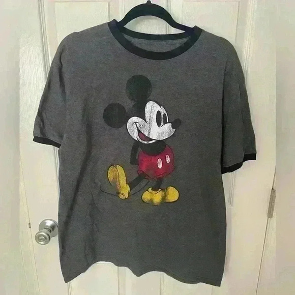 Disney Parks Mickey Mouse T Shirt Adult Large Faded Classic Logo Gray Black - Picture 1 of 5